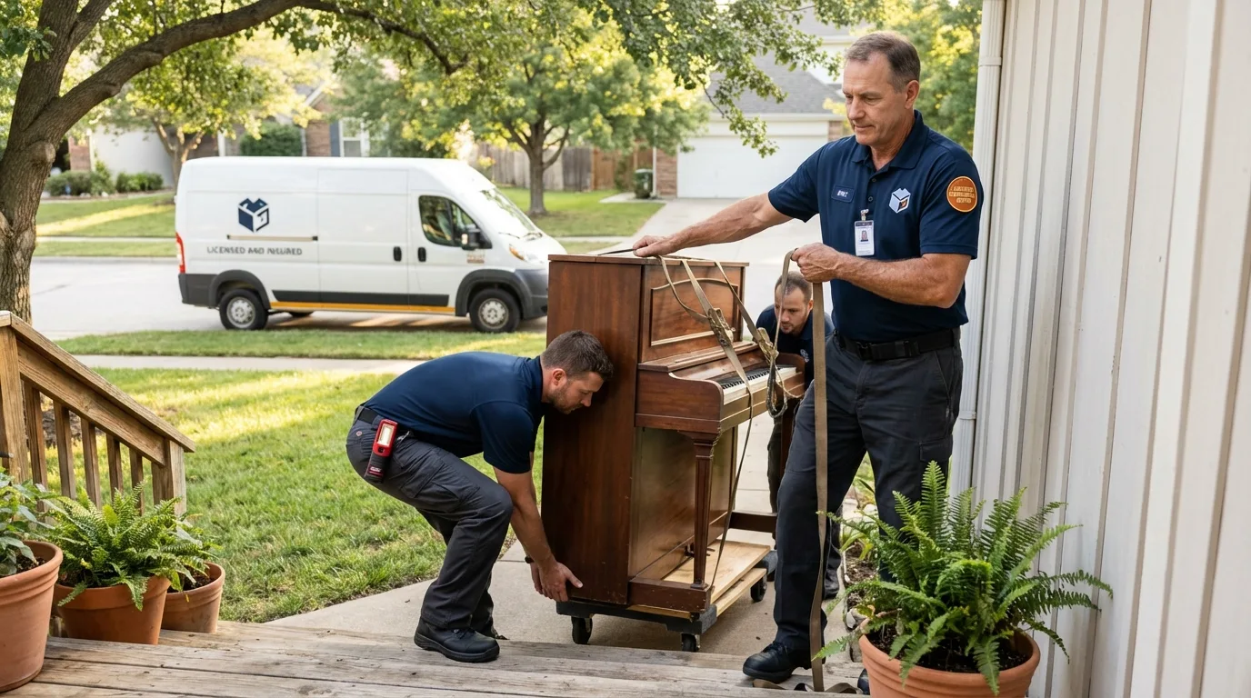 Licensed piano movers securing grand piano in Georgetown, DE