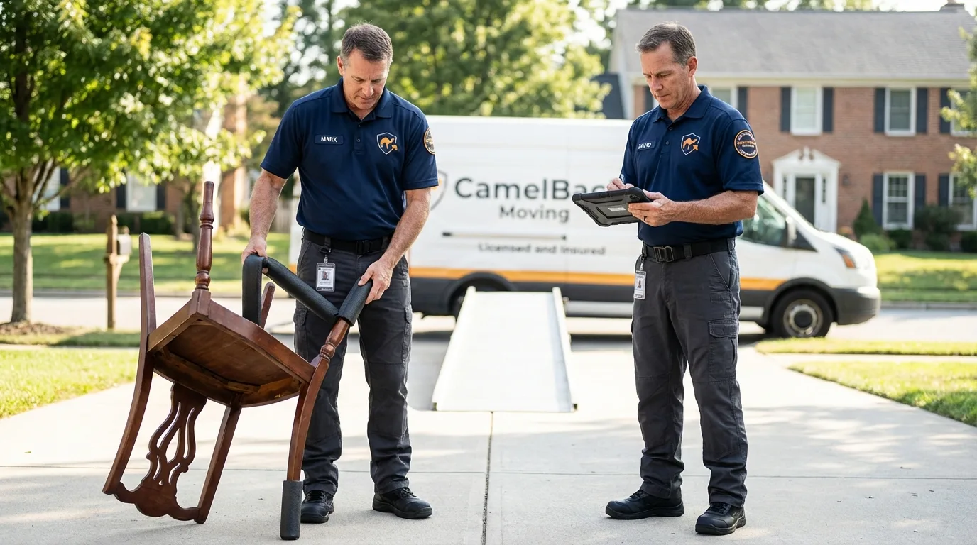 Movers inspecting furniture for damage prevention before loading in Georgetown, DE
